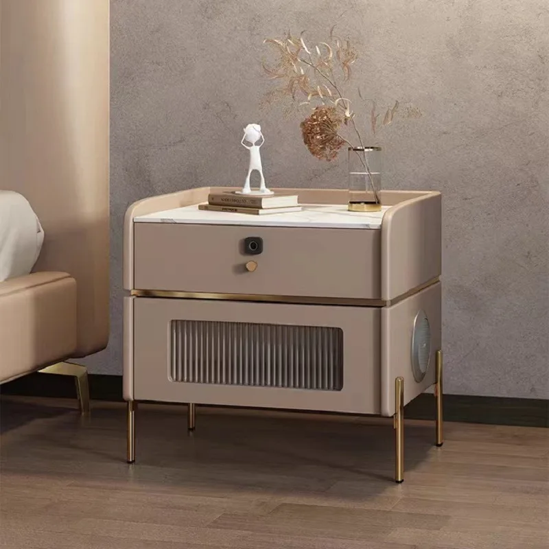 Light Luxury Smart Rock Slab Bedside Table Solid Wood Leather Is the Same Color as the Bed Wireless Charging Bluetooth Audio Fin