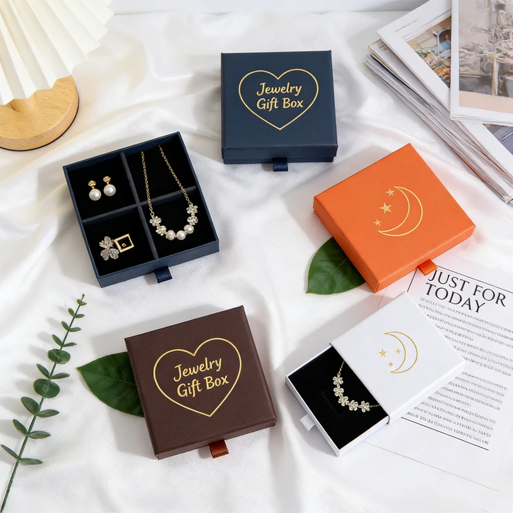 

100Pcs/Lot Custom Logo Drawer Sliding Boxes Luxury Gift Jewelry Box Personalized Earrings Rings Necklace Brooch Packaging Case