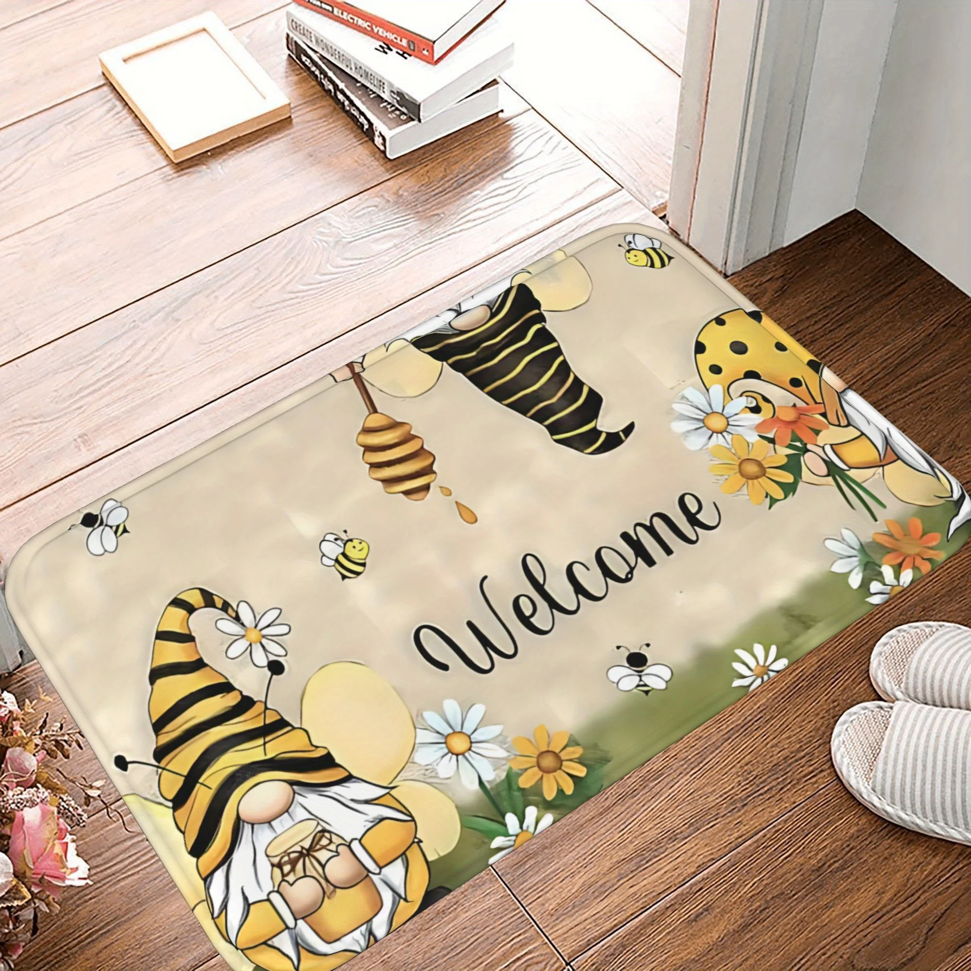 Charming 'Welcome' Gnome and Bee Doormat - High-Quality Non-Slip Mat, Whimsical Design for Home Decor and Guests