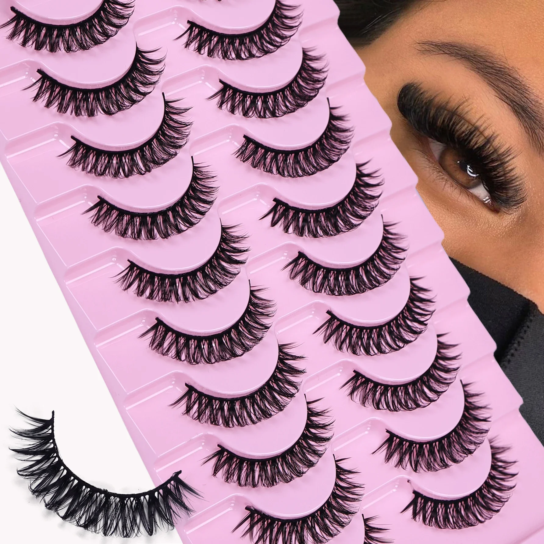 10 Paar D-Curl Russische Strip-Wimpern, flauschige Volumen-Kunstwimpern, D-Curl dramatische Cat-Eye-Wimpern, Make-up-Kunstwimpern