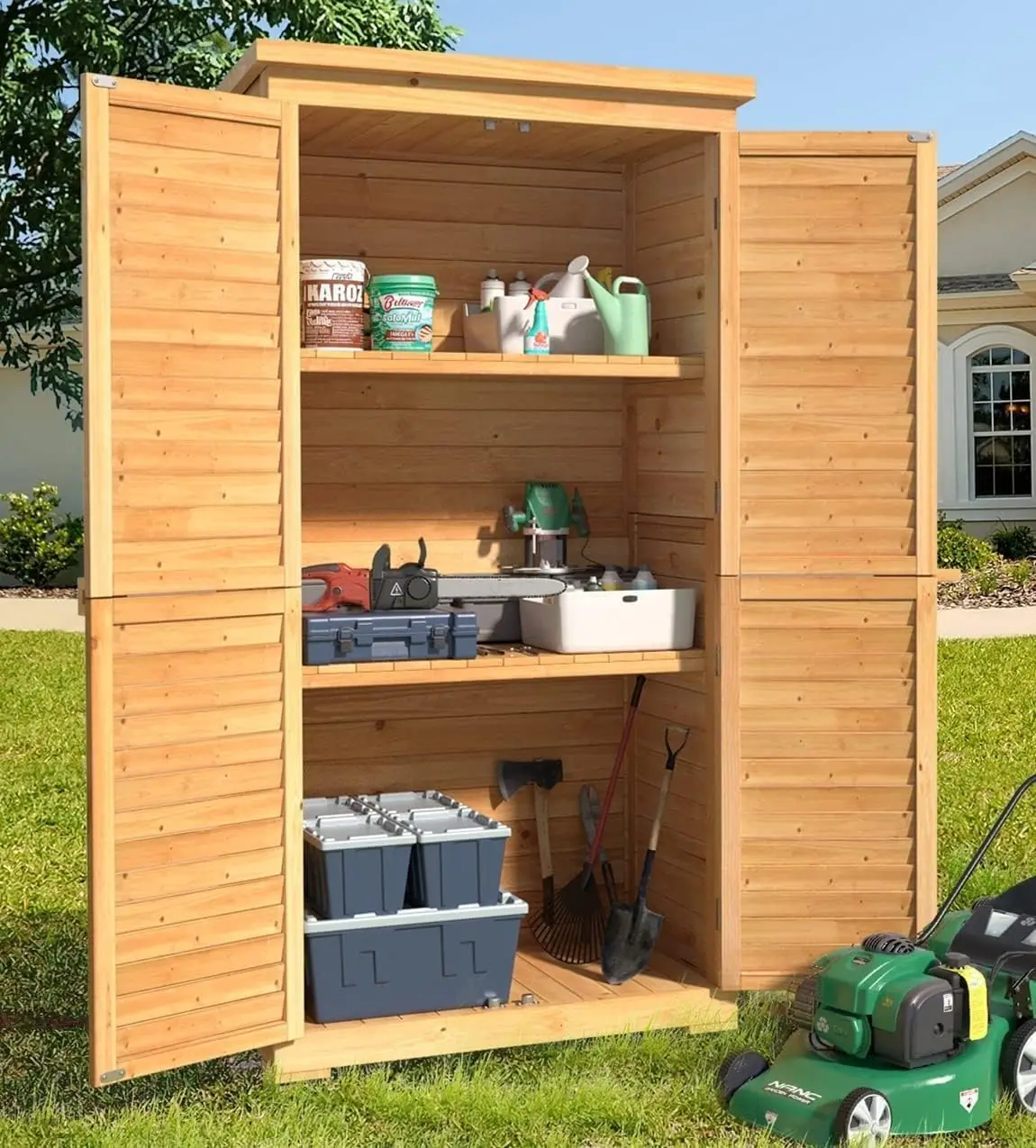 Outdoor Storage Cabinet 3 Shelves Double Lockable Wooden Shed, Customized