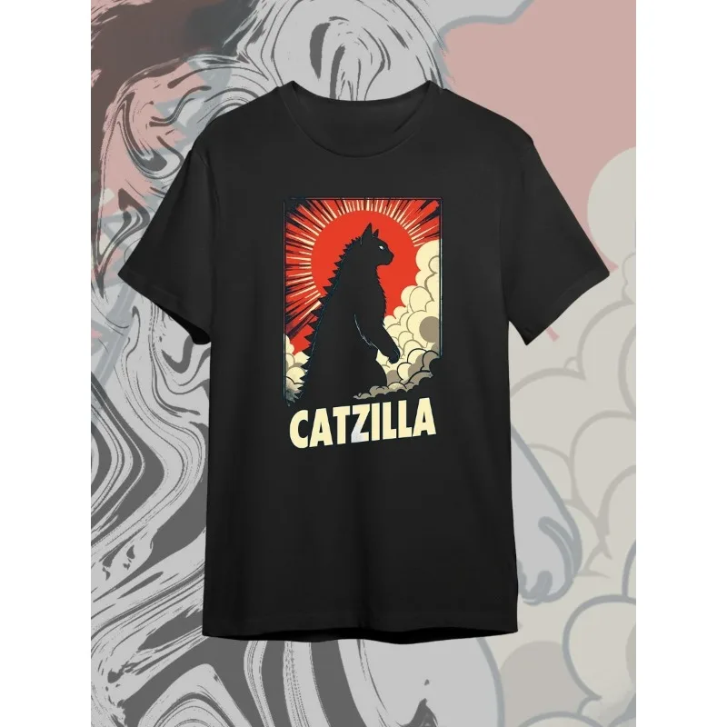 Female T‑Shirt Vintage Catzilla Cat Monster Graphic Print Short Sleeve Tees Casual Street Style Loose Fit Women Daily Wear Tops