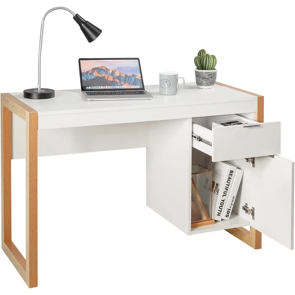 

IFANNY White Office Desk, Wooden Writing Desk with Drawer and Cabinet, Modern Study Work Desk for Bedroom, Small Corner