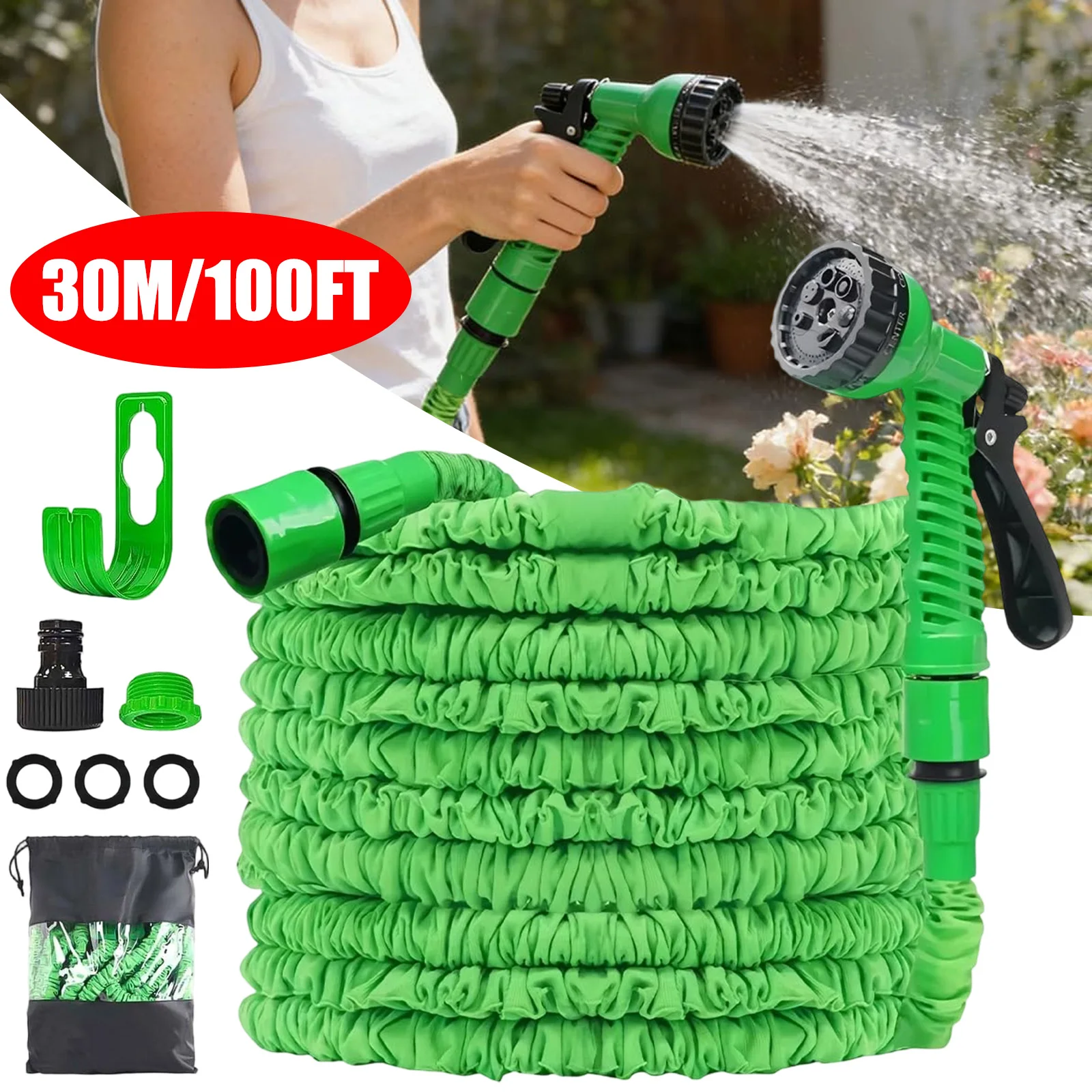 30m Gartenschlauch, nicht ausziehbar, mit 7 Funktionsdüsen, leicht, durchstichfest, reißfest, langlebig und flexibel. Geeignet für Rasenreinigung, Hausreinigung und Autowäsche.