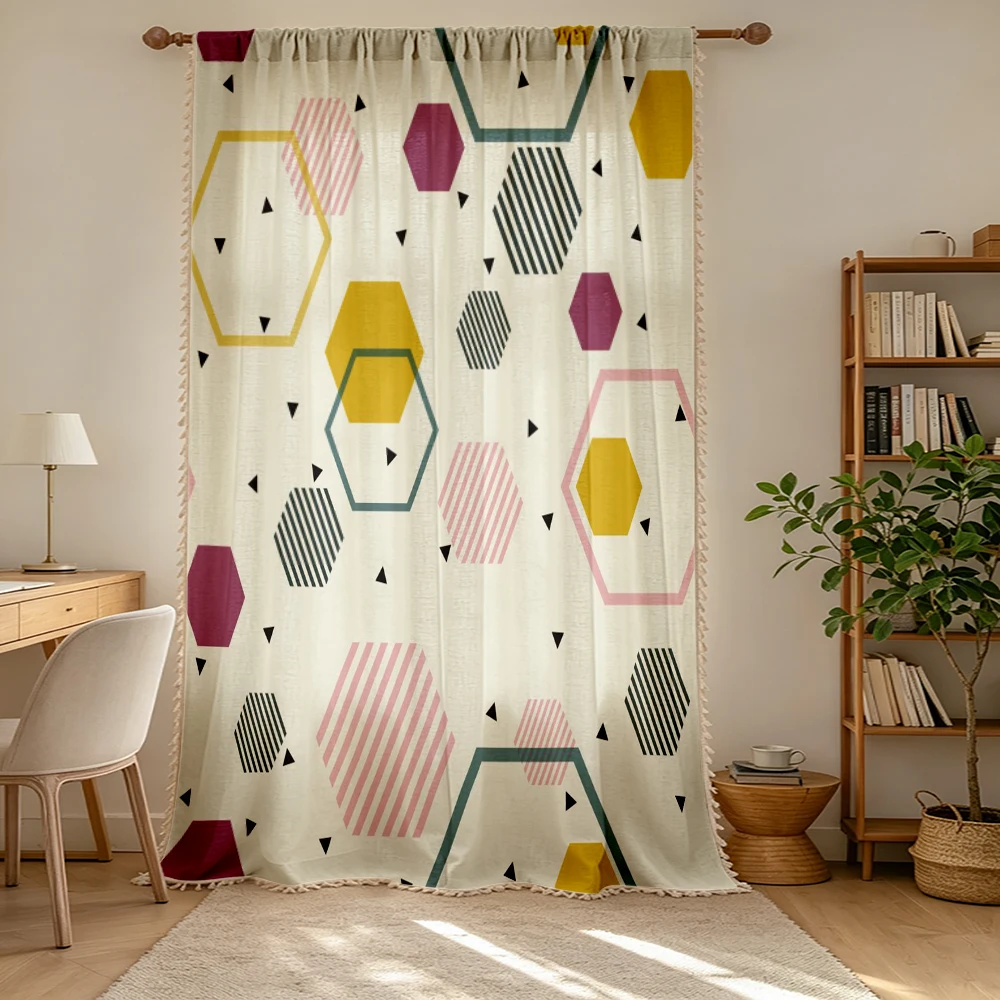 1PC Geometric Tassel Sheer Curtains, Colorful Hexagon, Digital Print, Polyester, Bedroom Living Room, Rod Pocket Home Decor