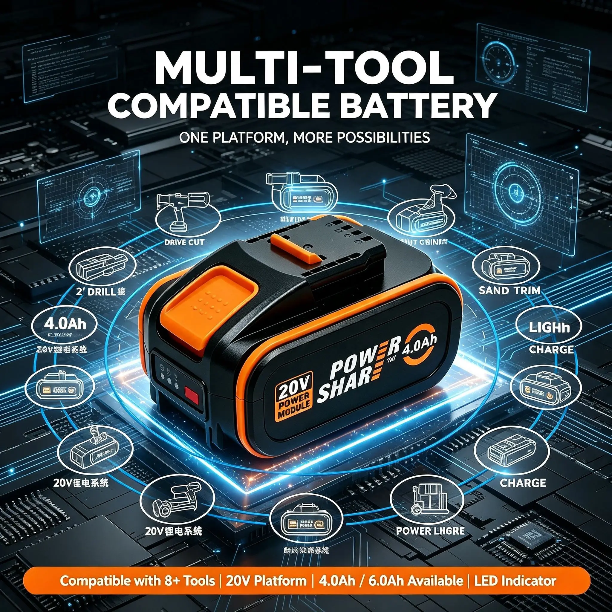 WORX 20V Lithium Battery WA3572 8.0Ah Li-ion Replacement Pack Fit WORX Drill Saw Grinder Anti Over Discharge Workshop Use