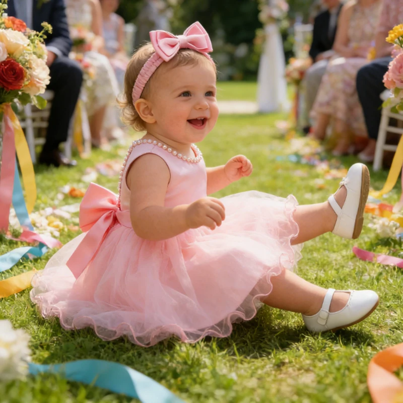 Vestidos de bebê menina 1st festa de aniversário sem costas bordado elegante grande arco casamento branco tutu vestido meninas traje de batismo