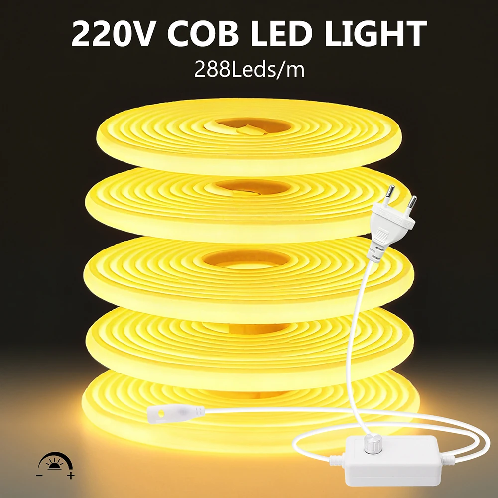 10 Colors COB LED Neon Strip Light Dimmable 220V Dimmer EU Plug Power Plug Kit 288LEDs Flexible Lamp Waterproof RA90 Decoration