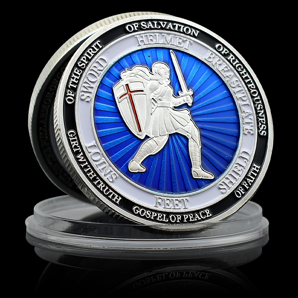 European Knight Templar Commemorative Coin Colorful Metal Medal Put on The Full Armor of God Challenge Coin Holiday Gift