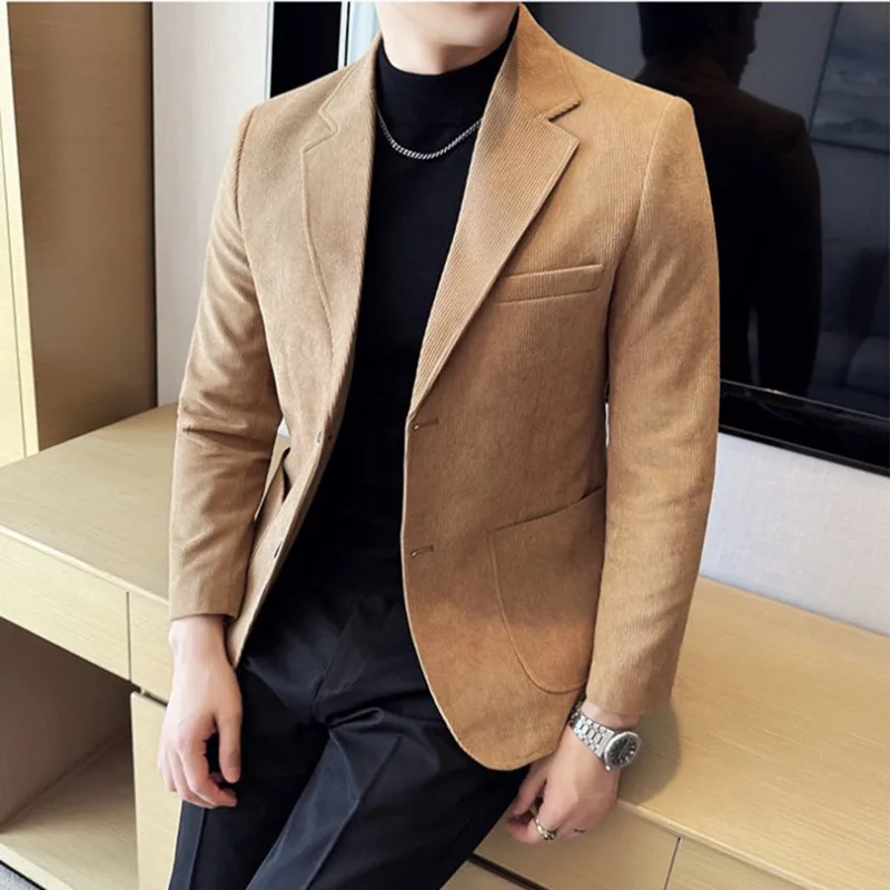 

Men Khaki Corduroy Suit Single Breasted Slim Fit Jacket, 2025 New Mens Business Social Prom Party Blazers