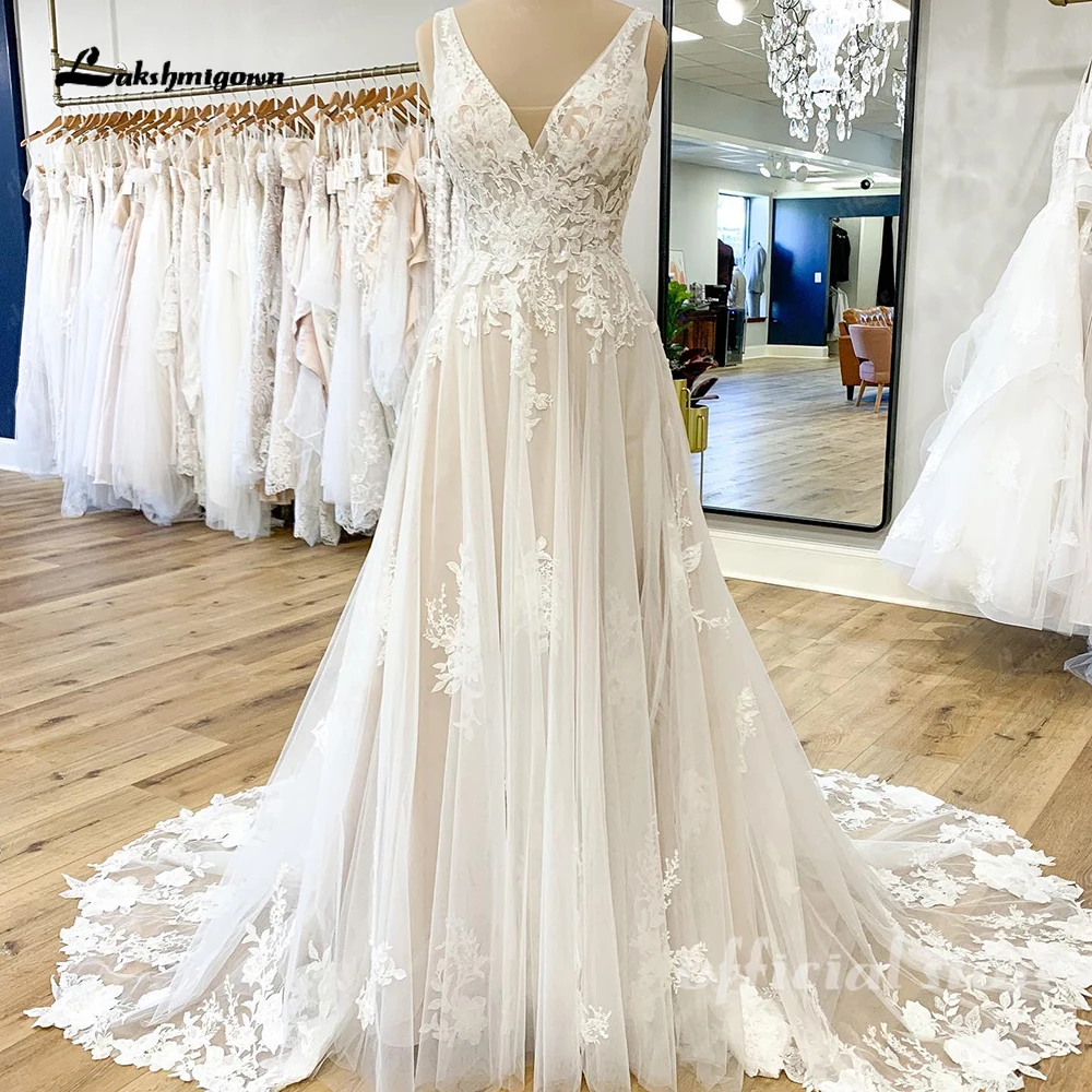 Lakshmigown Abiti da sposa Boho Beach in pizzo per le donne Vestido Novia Abiti da sposa taglie forti personalizzati Scollo a V profondo