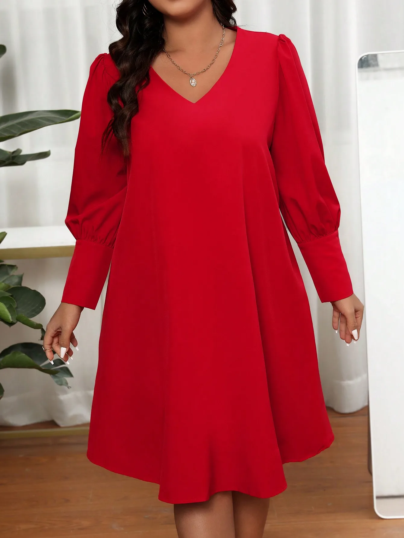 Women's Plus Size V Neck Lantern Sleeve Dress, Back Decor Button Loose Solid Color Elegant Party Midi Dress view 4