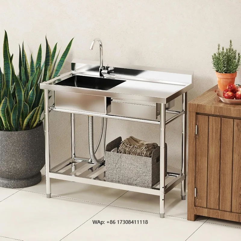 Free Standing Single Bowl Garden Outdoor Sink Stainless Steel Fish Cleaning Table Commercial Sink with Workbench for Restaurant