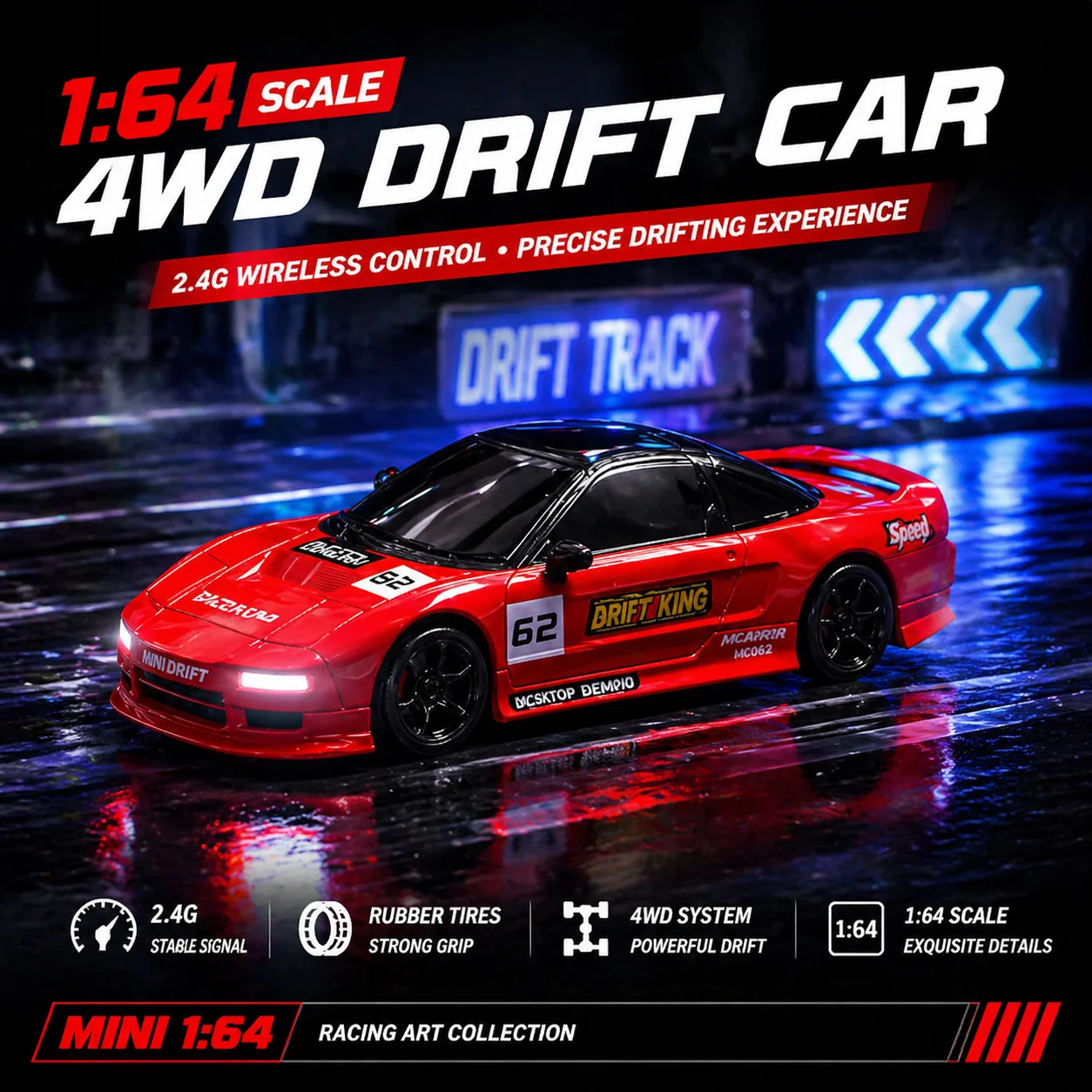 MCARRO MC062 1:64 Mini 4WD RC Drift Car 2.4G High-Speed Racing JDM Car Model Remote Control Toy Birthday Gift for Boys