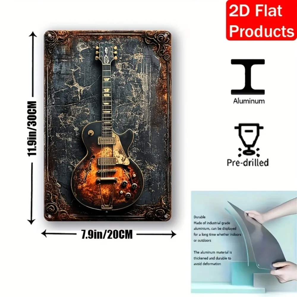 لوحة فنية جدارية معدنية على شكل جيتار ريفي مسطح عتيق ثنائي الأبعاد، لوحة حديدية مقاس 7.87 بوصة × 11.8 بوصة - ديكور منزلي/بار
