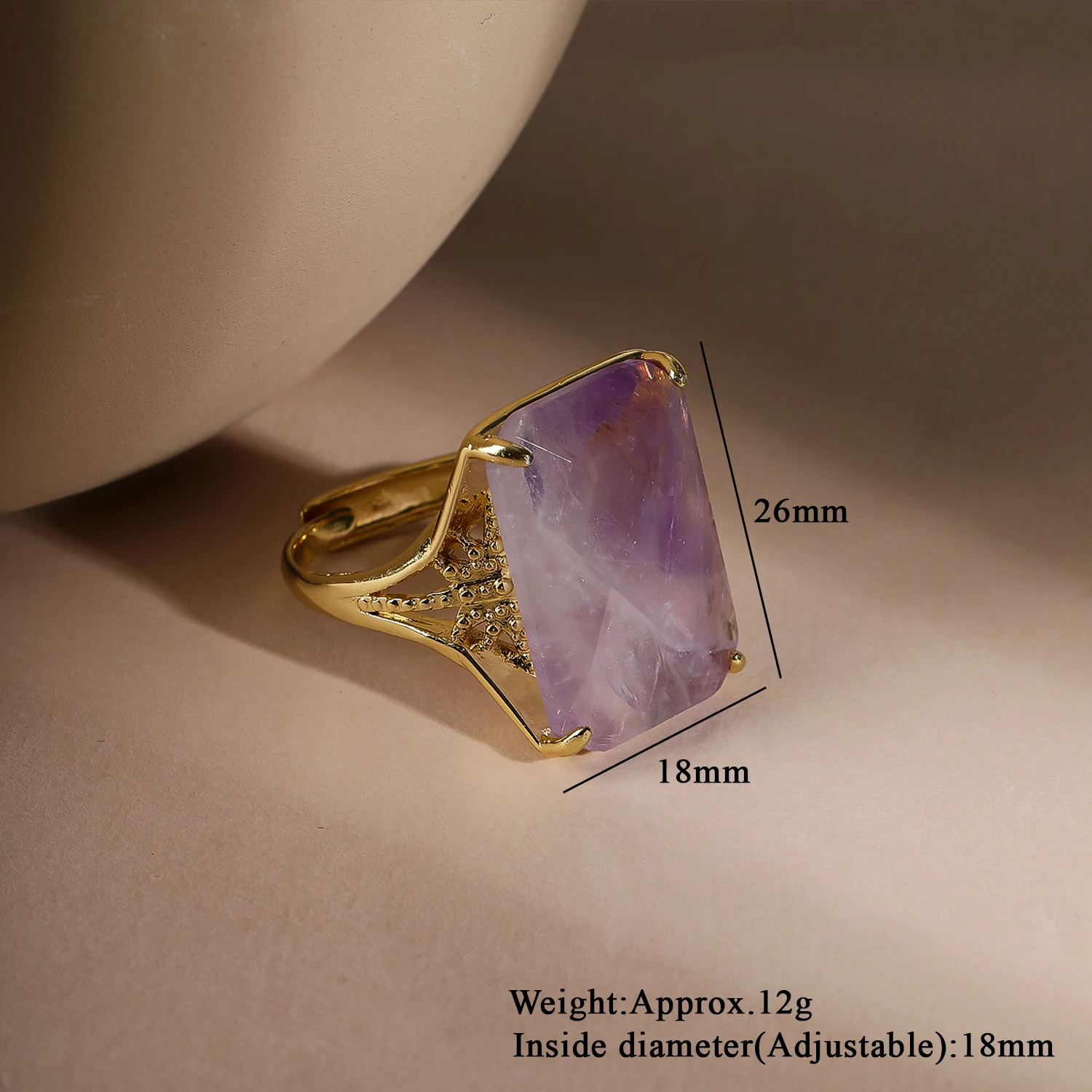 Natürlicher Sonnenstein-Ring für Frauen Großer Rechteckiger Amethyst Rosenquarz-Ring Verzierter Vergoldeter Boho Spiritueller Schmuck Geschenk – Detail 5