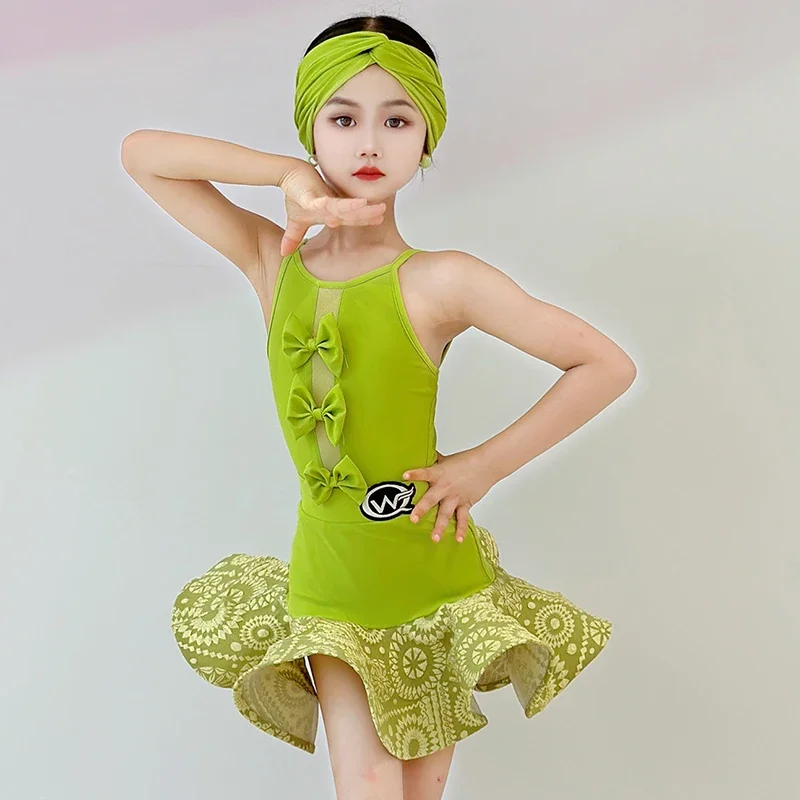 Crianças meninas profissional bowknot sem costas bodysuit dança latina prática desempenho traje espinha de peixe saia competição dancewear