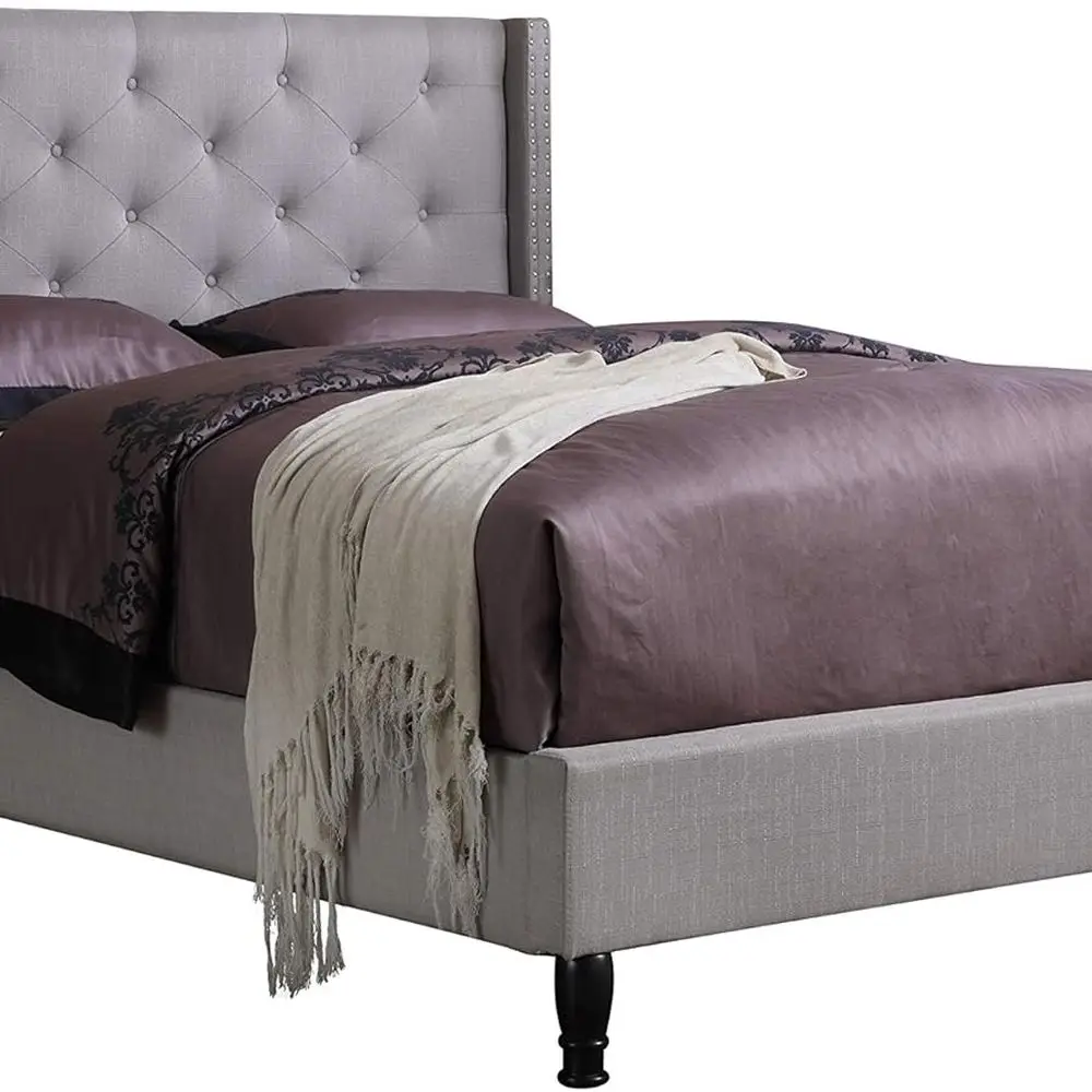 Premiere Classics Tela Gris Claro Plata Lino 51 Cabecero Alto Plataforma Cama con Lamas King - Cama Completa 5 Años de Garantía en