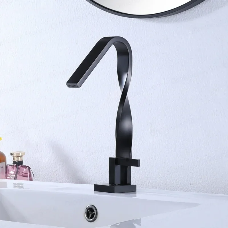Creative Shaped Brass Bathroom Faucet Waterfall Kitchen Sink Mixer Tap 360 Rotation Single Handle Hot Cold Wash Faucet