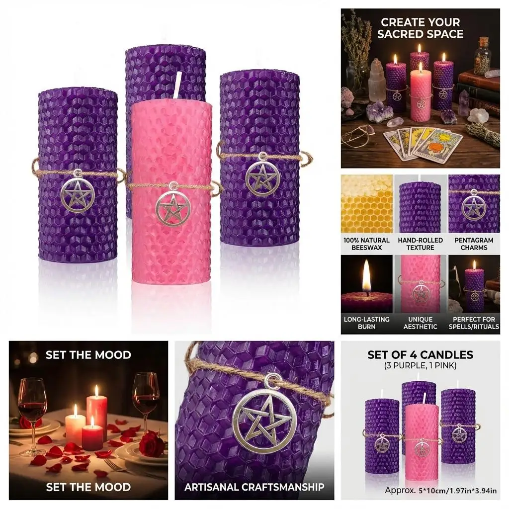 Handmade Beeswax Column Candles 4PCS (1Pink+3Purple) 5x10cm, Pentagram Charm Christmas Advent Candles, Eco-Friendly Festive Gift for Home Decor & Holiday Vibe