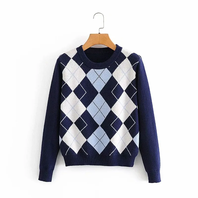 Argyle Sweaters women Cottagecore Knit Pullovers Fashion O Neck Slim Casual Jumpers Y2k Indie Spring Autumn New Long Sleeve Tops