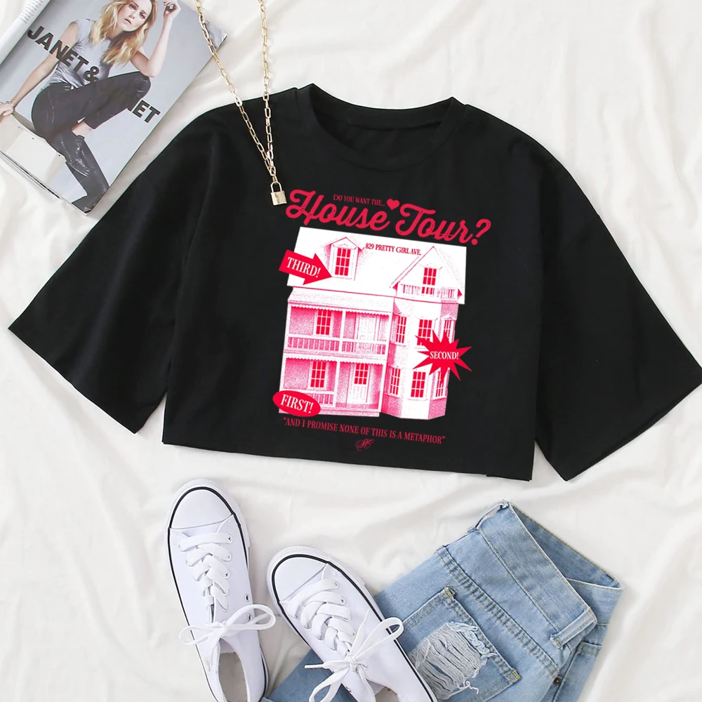 سابرينا كاربنتر هاوس جولة قميص المرأة س الرقبة قصيرة الأكمام المحاصيل قمم تي شيرت #1