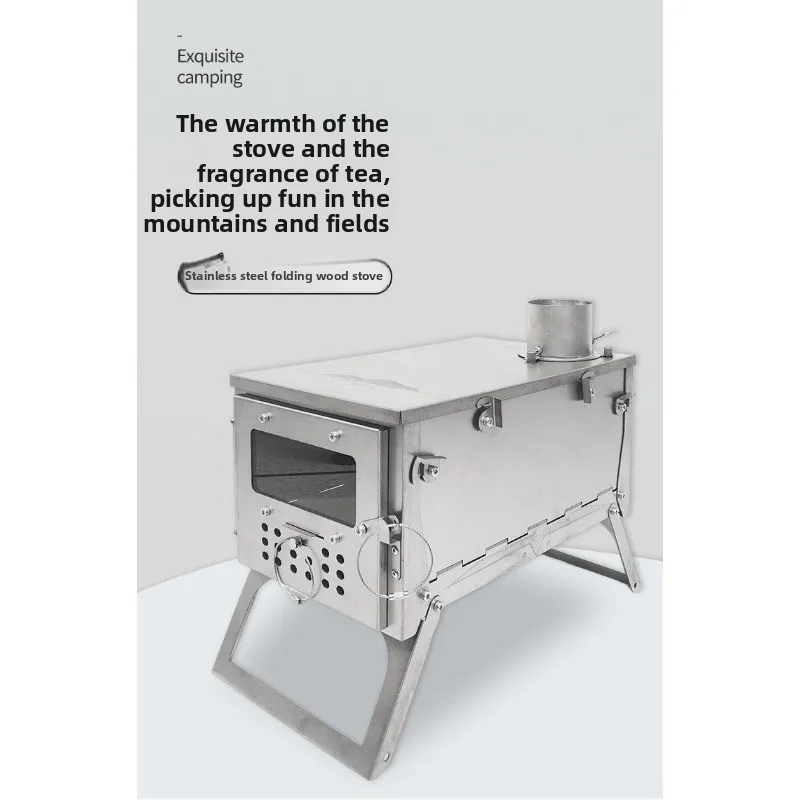 Foldable Stainless Steel Wood Burning Stove with Glass Window, Portable for Camping Hiking Backpacking