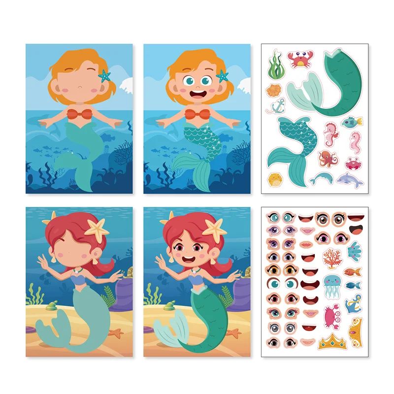 Kids Creative Make A Face Stickers DIY Make Your Own Mermaid Sticker Party Favors Children Girls Puzzle Toys Birthday Gifts