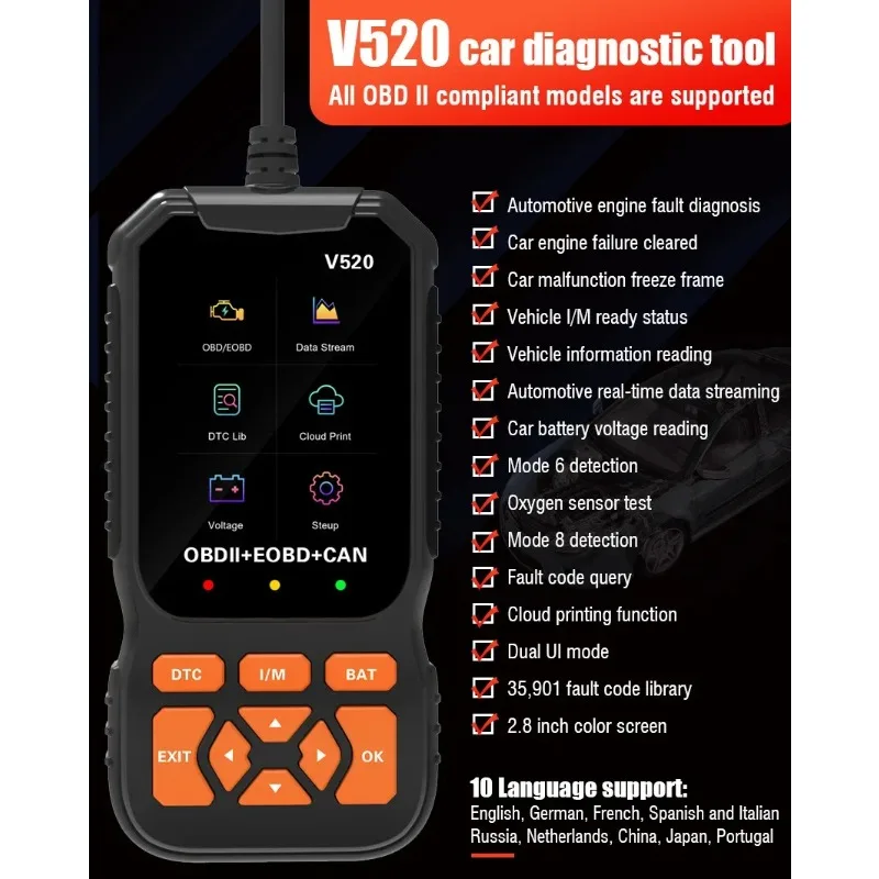 

V520 Цветной экранный дисплей 10-язычный OBD диагностический инструмент детектор неисправностей двигателя инструмент для ремонта автомобиля сканирующие инструменты автоаксессуары