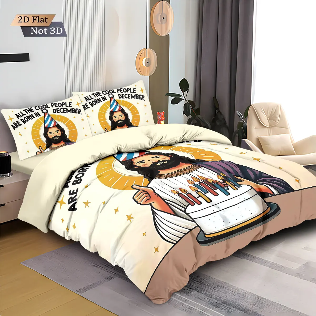 3pcs cartoon Jesus print coreless bedding set, multi size bedroom dormitory duvet cover, soft decoration, machine washable