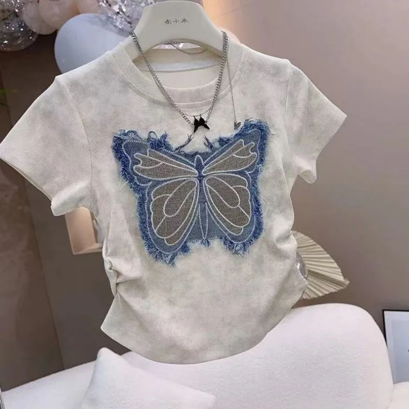 Girls' Summer Set Children's Fashion Bow Short Sleeved T-shirt Cowboy Skirt 2-piece Set 5-14Years