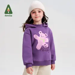 Amila Baby Sweatshirt 2024 Winter New Cartoon Girls Bear Warm Polar Fleece Soft Skin-Friendly Casual Loose Children's Pullover