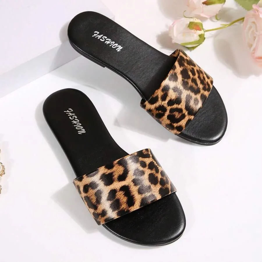 Elegant Outerwear Fashion Flat Leopard Print Flip-Flops for Women, New Style, Single Strap, Beach Sandals, Large Size view 4