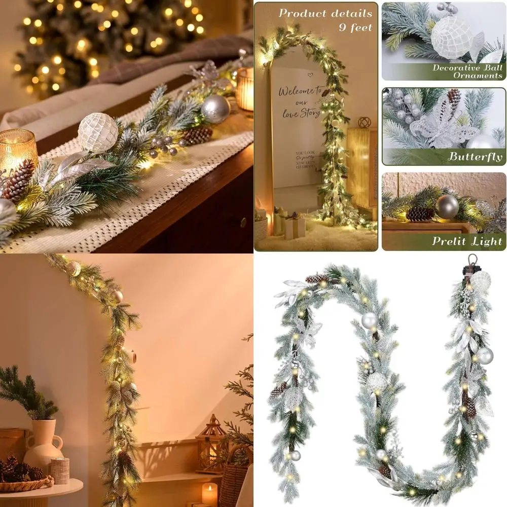 

9-футовая серебряная предварительно освещенная рождественская гирлянда с украшениями, идеально подходит для мантии, лестниц, камина, уличного настоящего прикосновения Norfolk Pine Deco