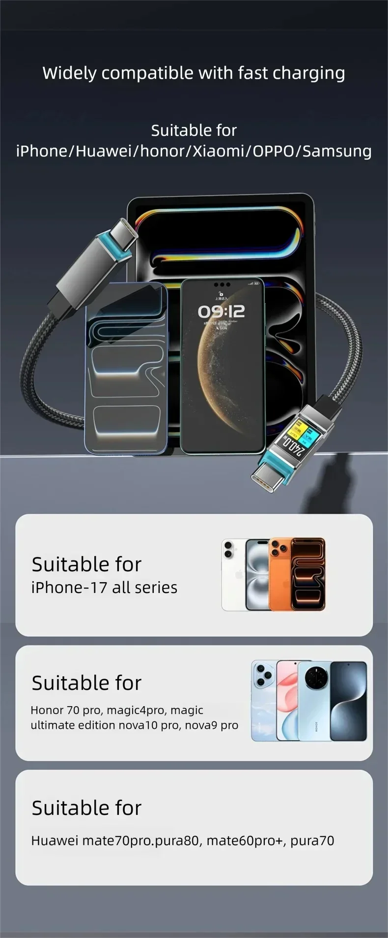 PD USB-C-Kabel, Schnellladekabel für Handys, Datenkabel für iPhone 17, Samsung, Xiaomi, Huawei, USB-Typ-C-auf-Typ-C-Schnellladekabel. – Detail 11