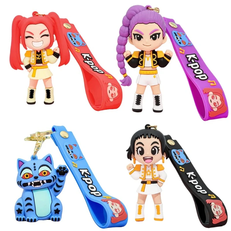 4pcs Demon Hunters Keychain Pendant Little Tiger Character PVC Figure Anime Theme Keyring For Fans Gift Backpack Phone Bag