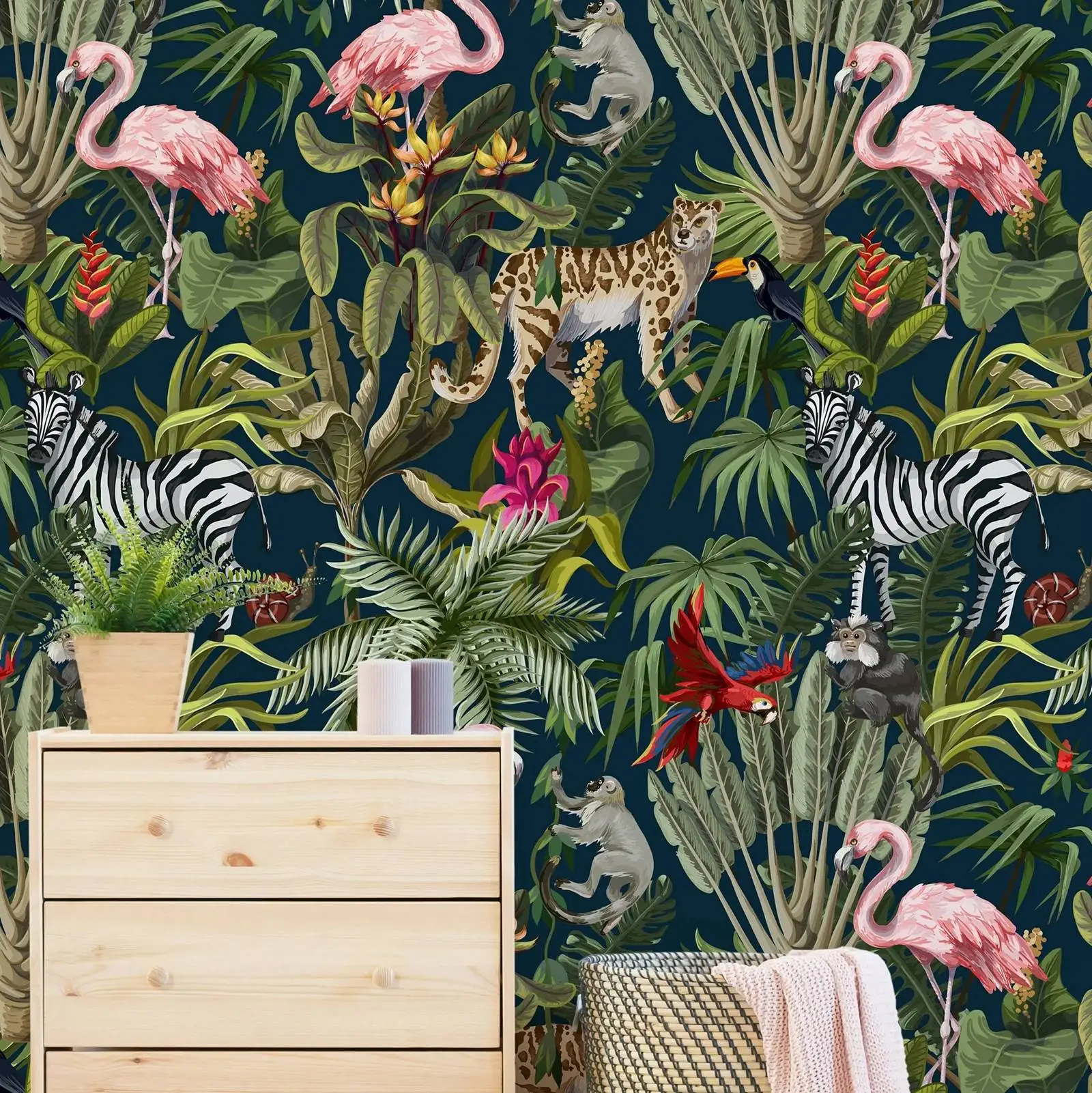 Self Adhesive Or Traditional Forest Wallpaper, Watercolor Jungle Wallpaper For Nursery Decor, Zebra & Flamingo Tropical Wall Art