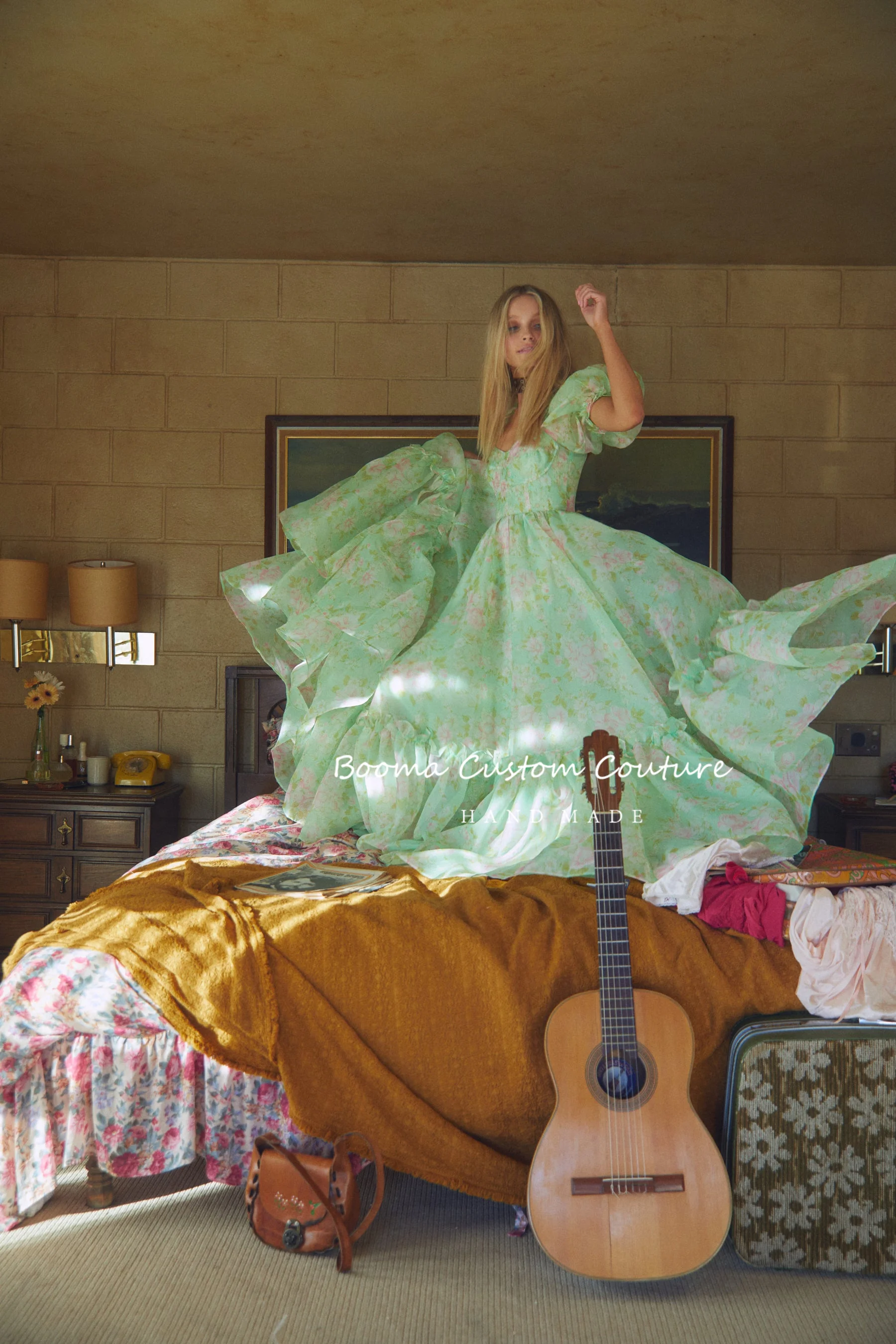 Booma céu de fadas nuvens azuis imprimir organza midi vestidos de baile de formatura quadrado mangas de sopro babados chá-comprimento a linha vestidos de festa mais tamanho