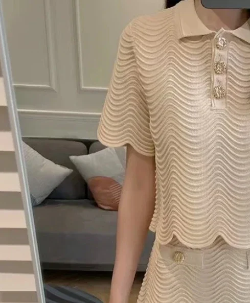 

Women Wavy Side Knit Suit Elastic Waist A-Line Mini Skirt or Turn-Down Collar Short Sleeve Front Button Pullover Sweater