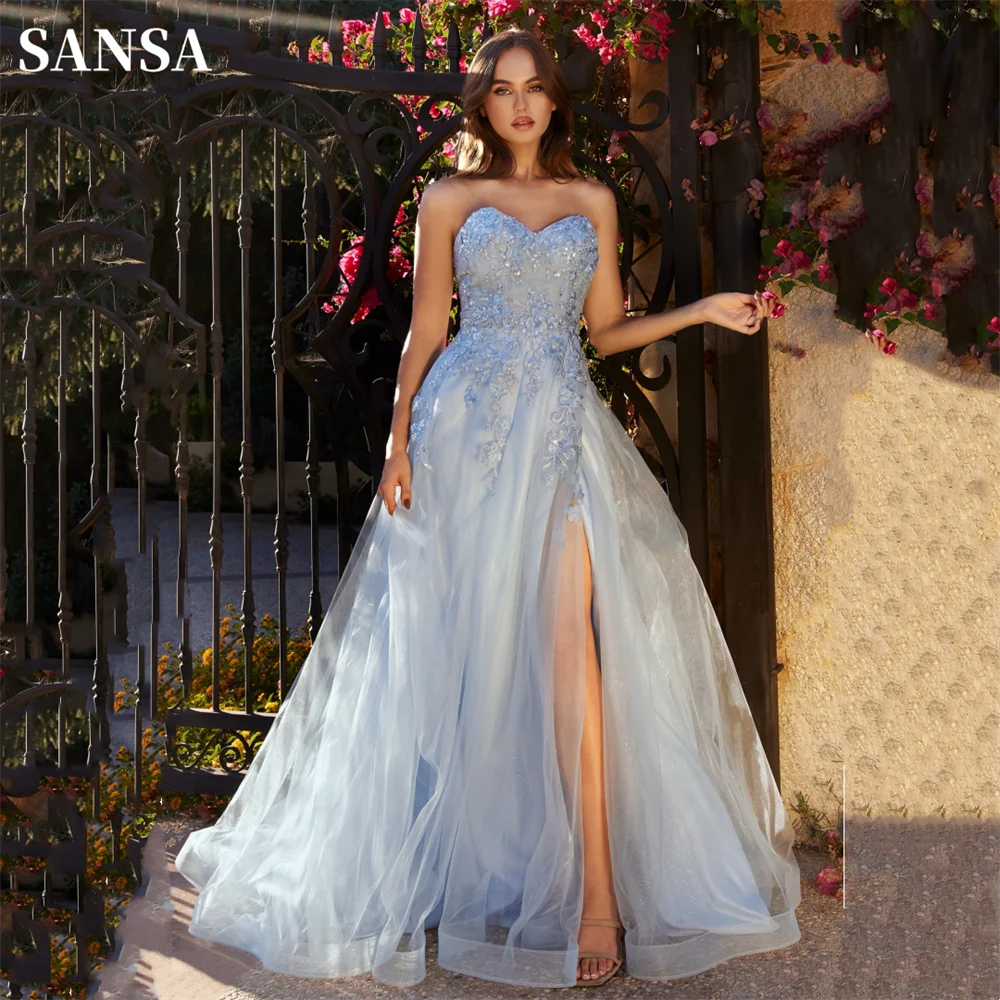 

Sansa Baby Blue A-line Vestidos De Noche Flower Lace Side Split فساتين السهرة Summer Sweetheart Tulle Prom Dresses