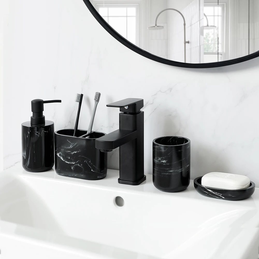 Black Bathroom Accessory Resin Toothbrush Holder Toilet Brush Soap Dispenser Pump Bottle Soap dish Mouthwash Cup