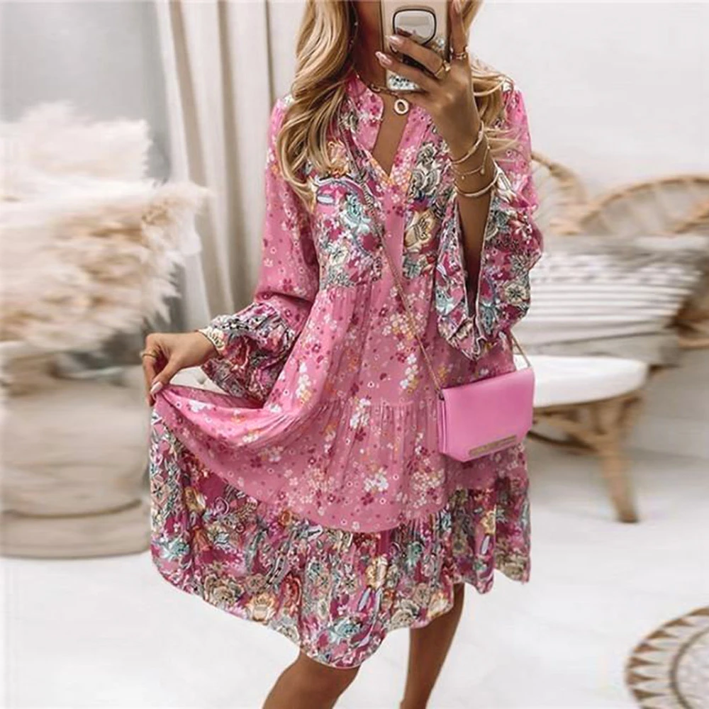 Floral Print Dress for Women 2023 Oversize Elegant Pleated Long Sleeve Casual Dresses Female Loose Bohemian Beach Holiday Dresse