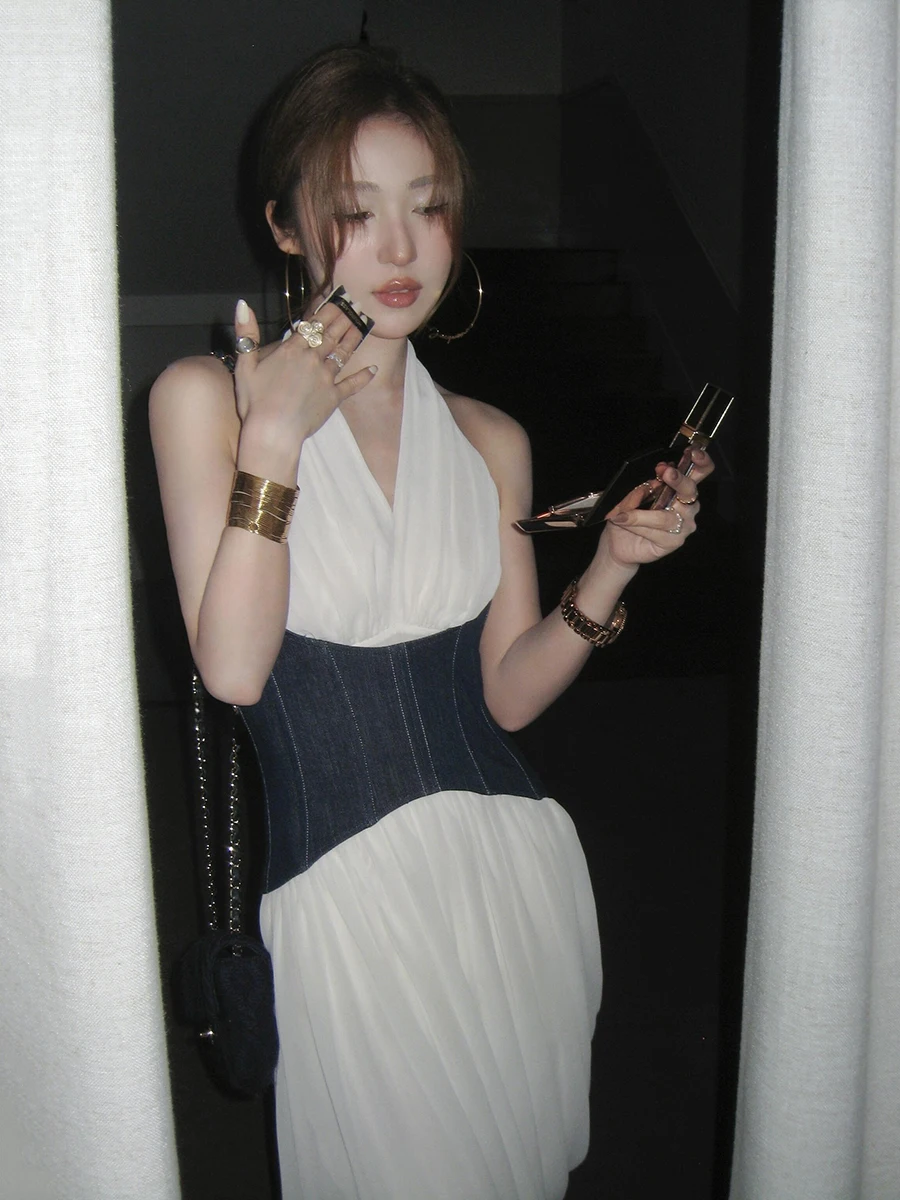 REDDACHiC Vrouwen Witte Jurk met Corset Riem Underbust Denim Taille Trainer Chiffon Halter Ruches Schede Jurk Avondfeest Jurk