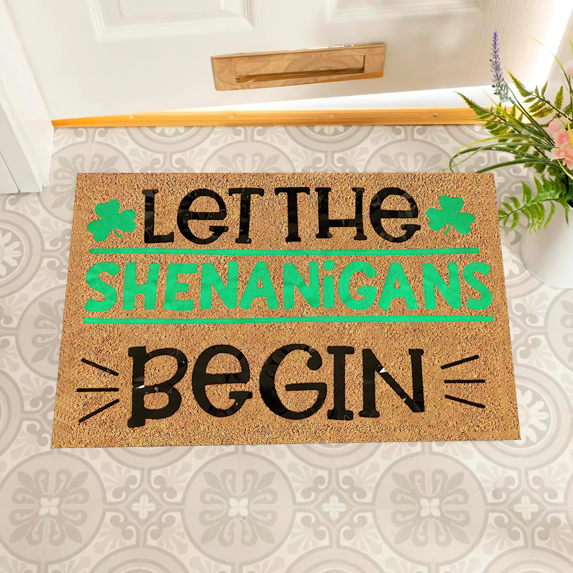 St. Patrick's Day Doormat - Let the Shenanigans Begin Door Mat | Irish Clover Lucky Doormat for Front Porch Decor