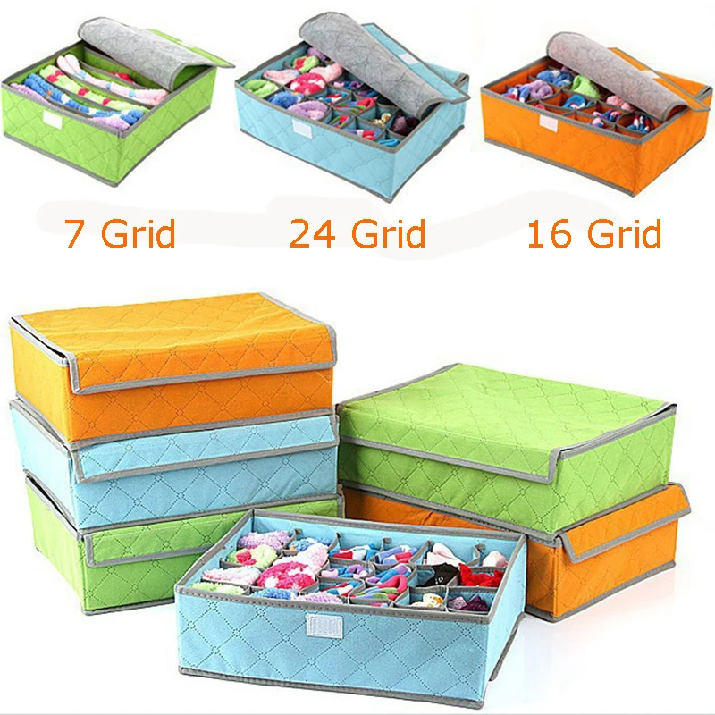 7/16/24 Grids Non-Woven Storage Bag Container Foldable Drawer Divider Lidded Closet Box For Ties Socks Bra Underwear Organizer