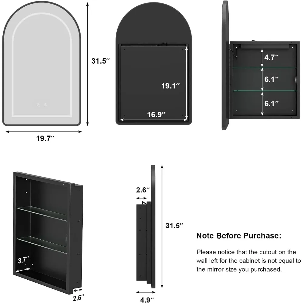 Arched Medicine Cabinet with Light, Recessed Mirror, Lighted Led Mirror for Bathroom, Cabinet, Dimmer, Anti-Fog