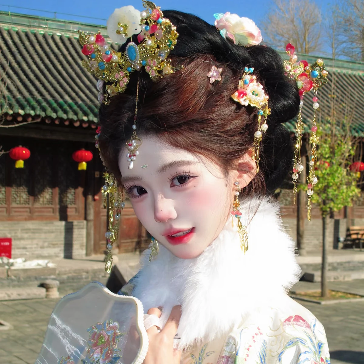 Chinese Hair Stick Set Tiaras Headpiece Women Pearl Tassel Flower Hairpins Forks Vintage Hanfu Wedding Hair Accessories Jewelry