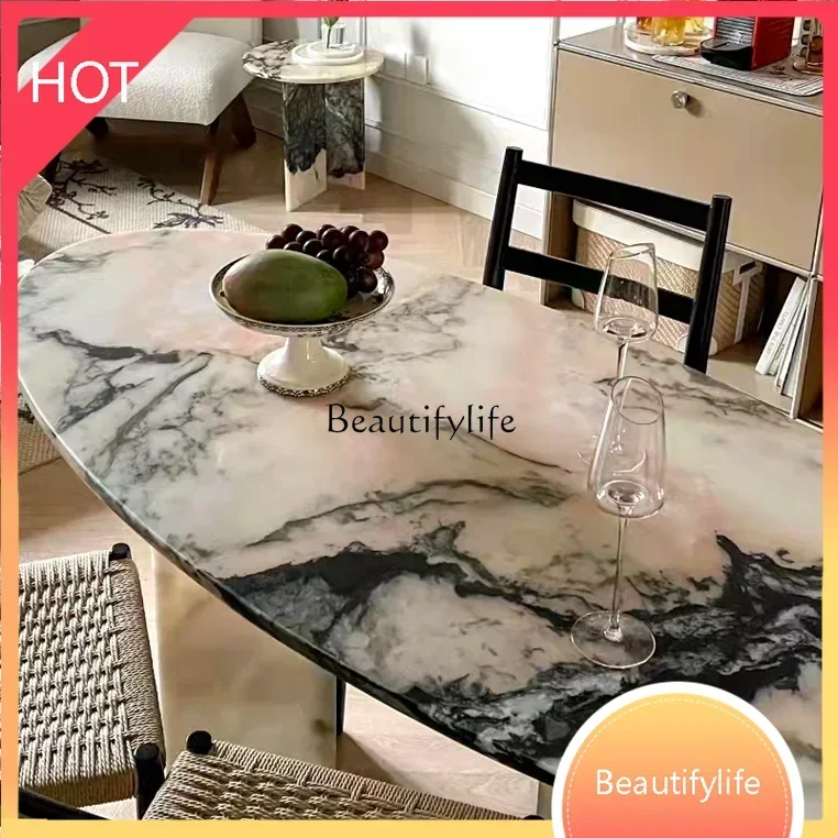 Mesa de comedor de mármol Natural de estilo, mesa de comedor de lujo ligera italiana de mármol en polvo de humo ovalado simple y moderno ss 8617
