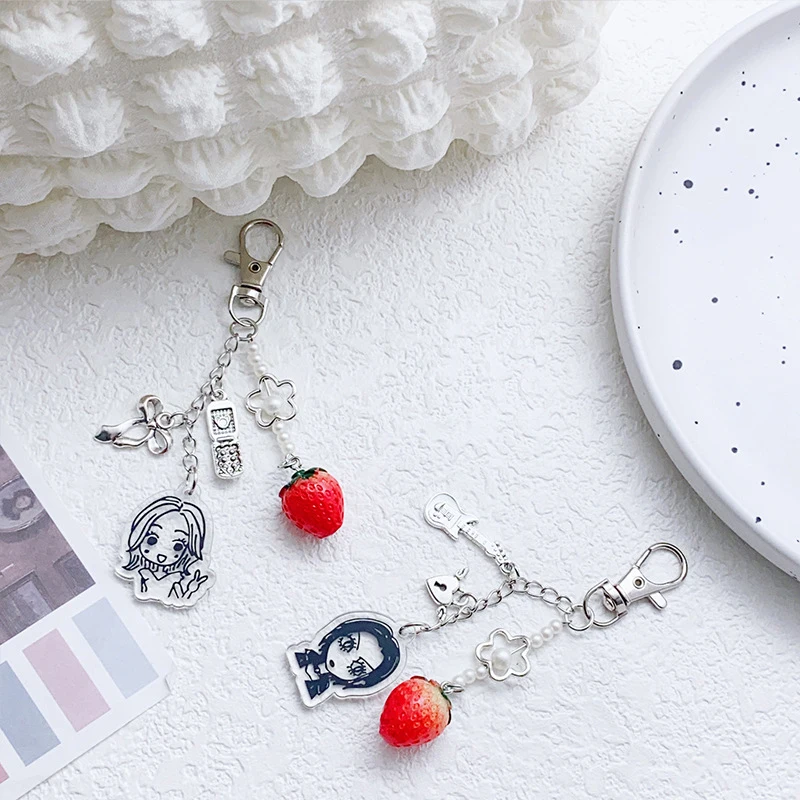 Fashion Girl Strawberry Bow Phone Guitar Keychain Acrylic Beaded Keyring Phone Pendant Backpack Decoration Accessories Gifts