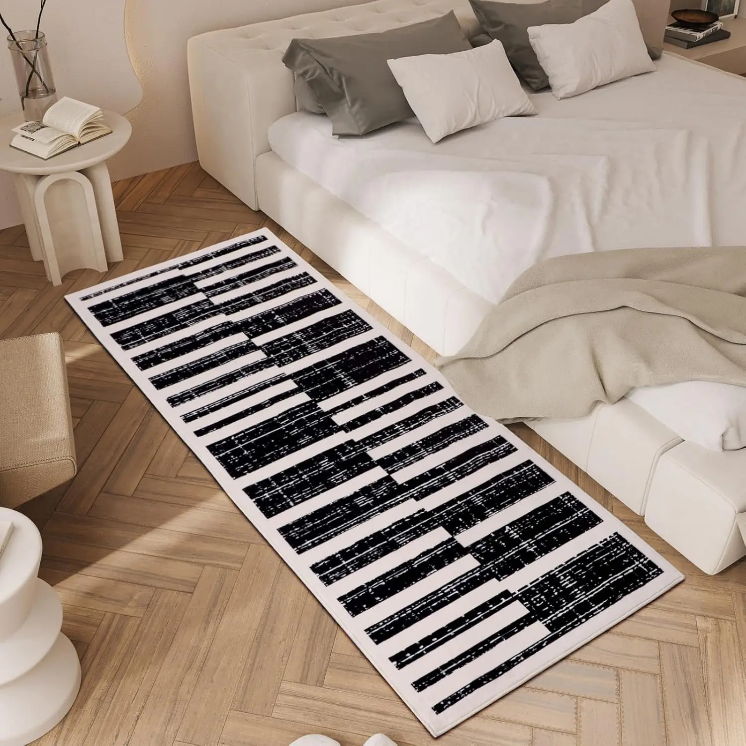 Checkered Abstract Runner Rugs for Hallway Non Slip, Modern Low Pile Washable Kitchen Rug Runner, Boho Striped Soft Bedroom